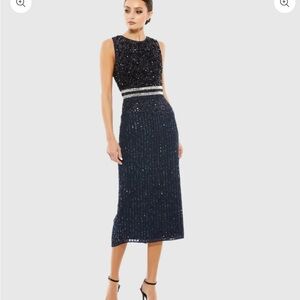 Mac Duggal Navy Sequin Midi Dress